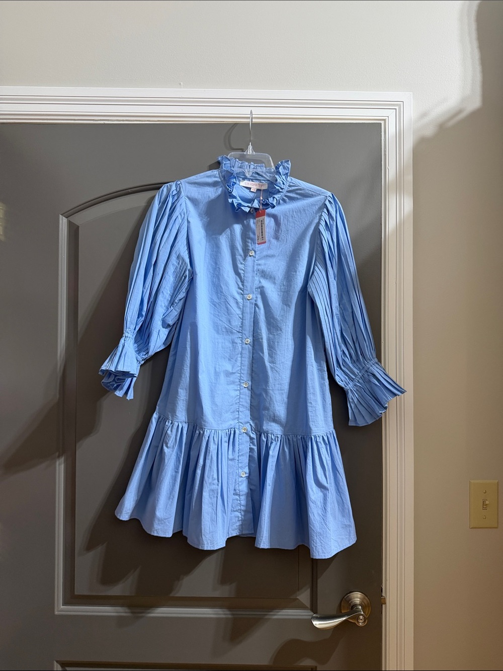 Light Blue Ruffle Collar Button-Front Casual Dress
